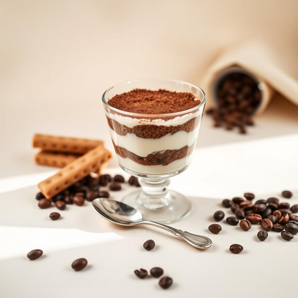 Cam kapta katmanlı tiramisù, espresso çekirdekleri ve savoiardi ile