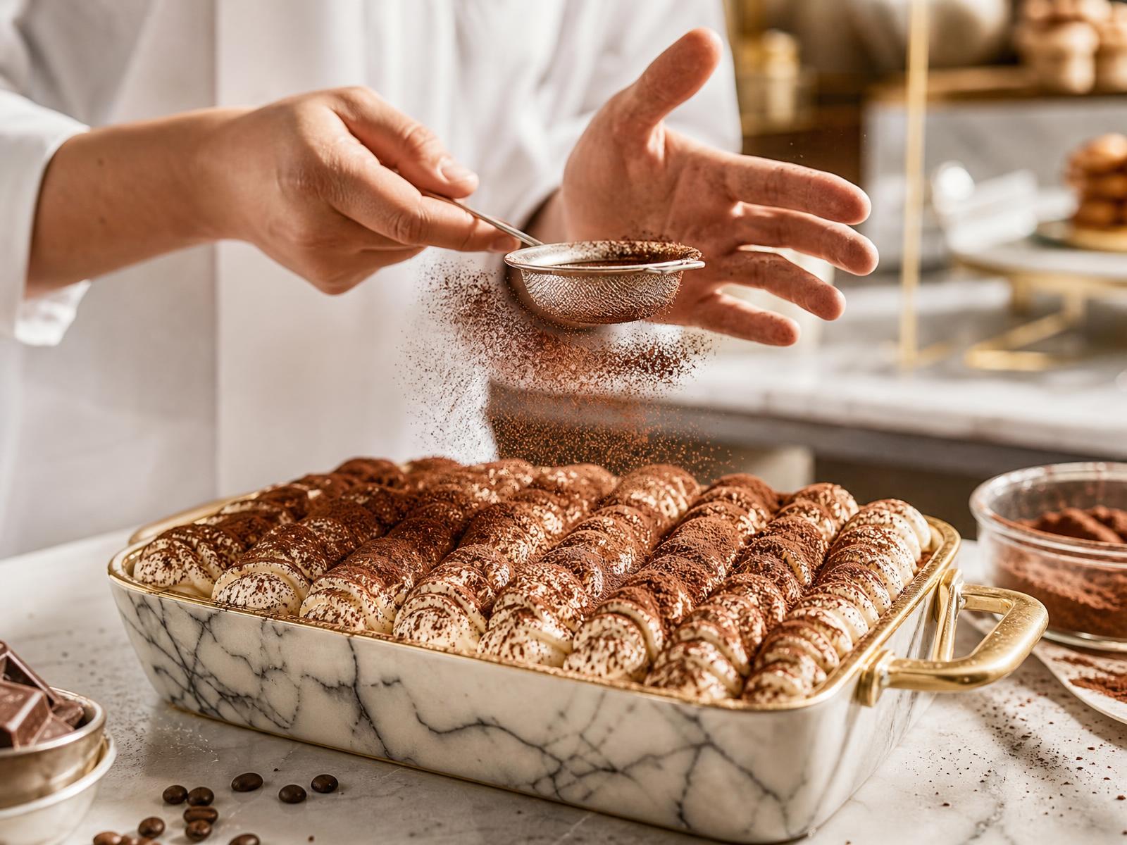 Tiramisù üzerine kakao eleyen usta eller